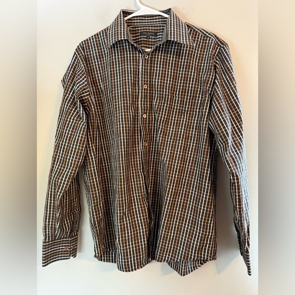 Ted Baker Men's Black/Brown Check Print Cotton Long Sleeve Button Down Size 4/L